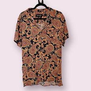 Reason Short Sleeve Men’s Paisley Button Down Shirt Black Brown Tan Size Large